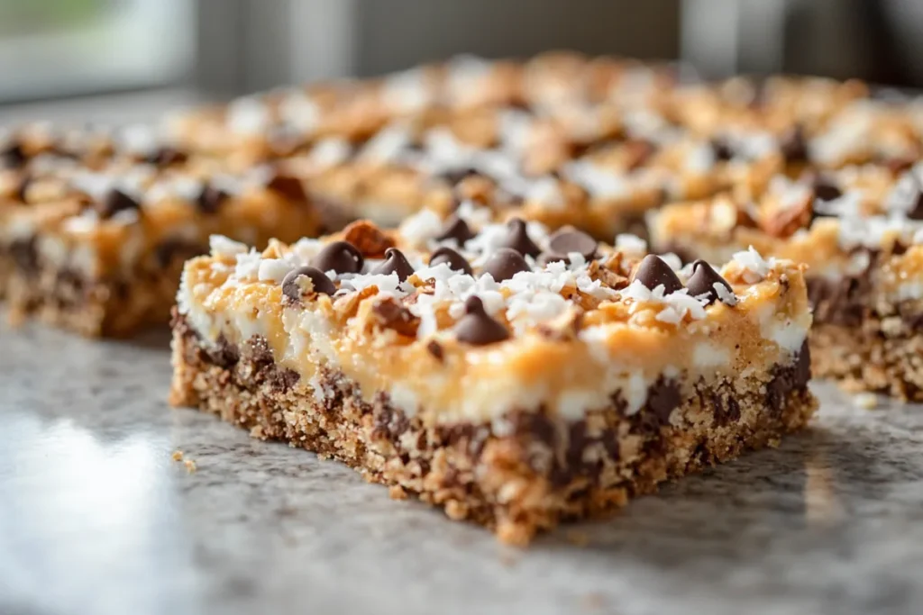 Slices of 7 layer bars wrapped and stored for freezing