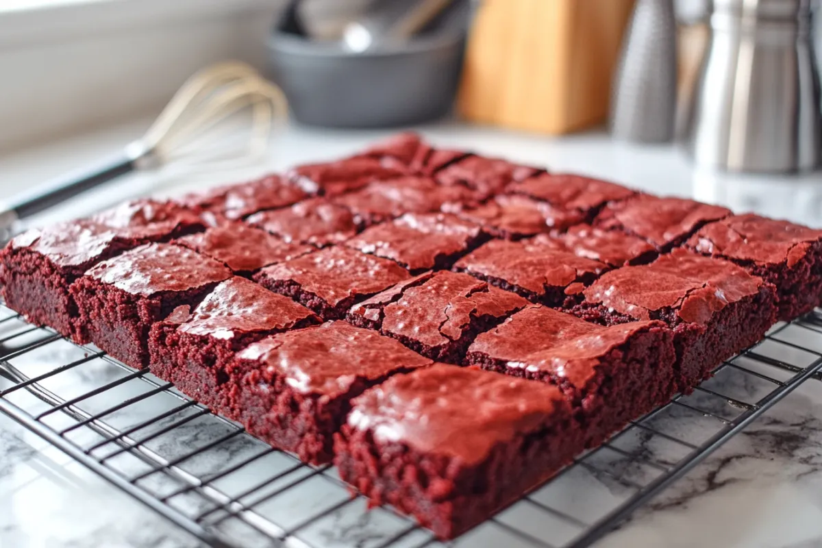 Close-up of fudgy red velvet brownies with cream cheese frosting, topped with sprinkles.