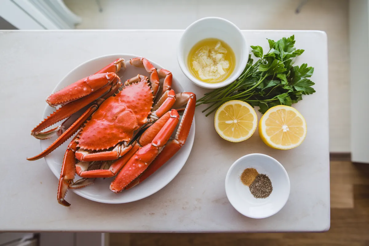 Grilled snow crab legs on a barbecue grill with lemon and garlic butter sauce.