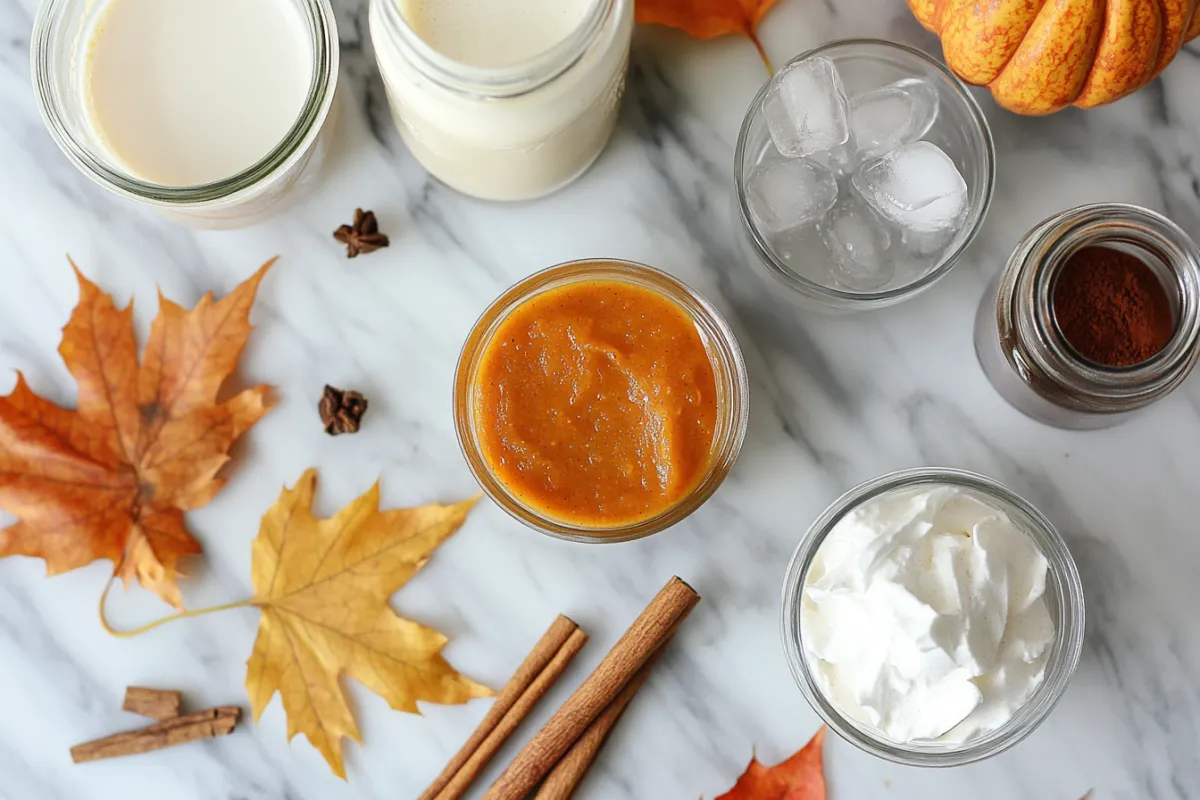 A glass of iced pumpkin spice latte topped with whipped cream and cinnamon, served in a cozy fall setting.