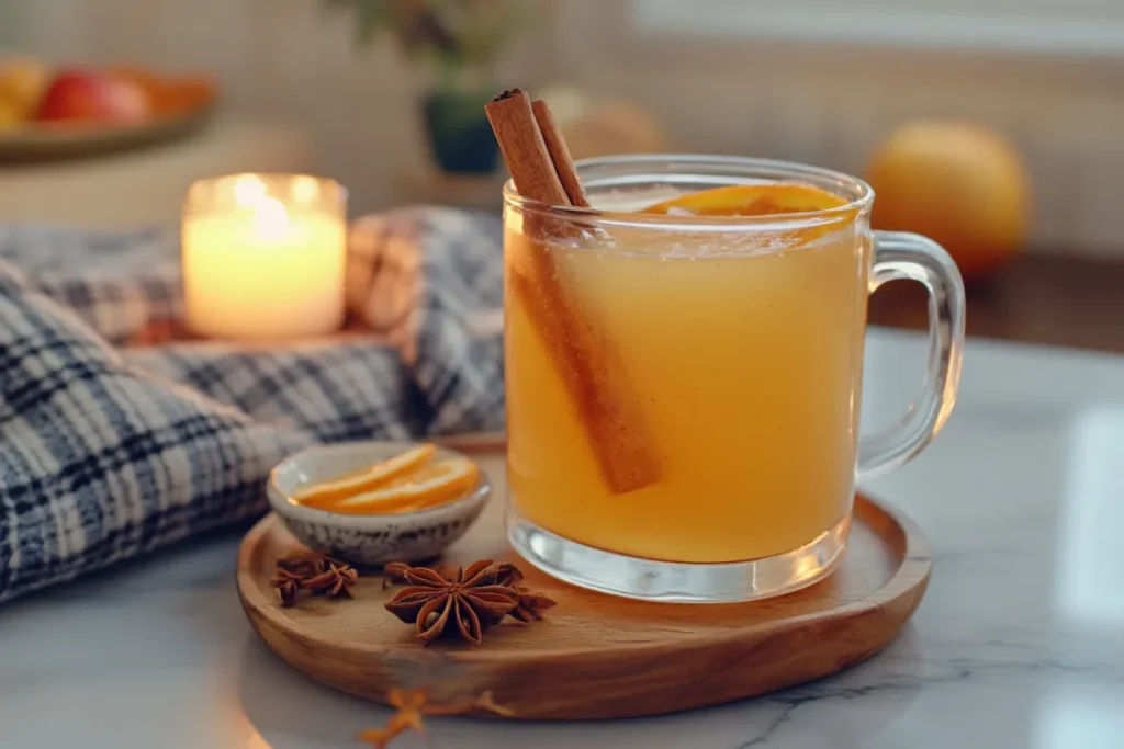 Warm mug of spiked apple cider garnished with cinnamon stick and apple slices