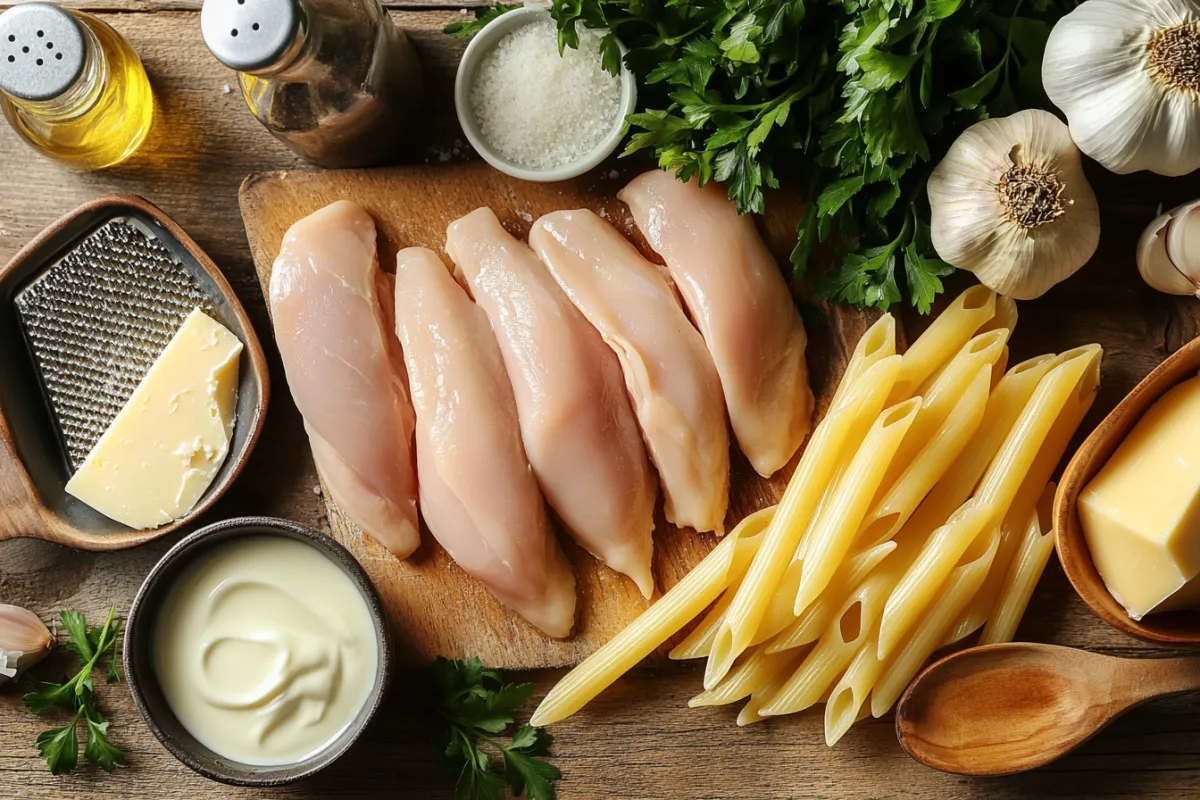 A plate of creamy Garlic Parmesan Chicken Pasta topped with fresh parsley and parmesan cheese.