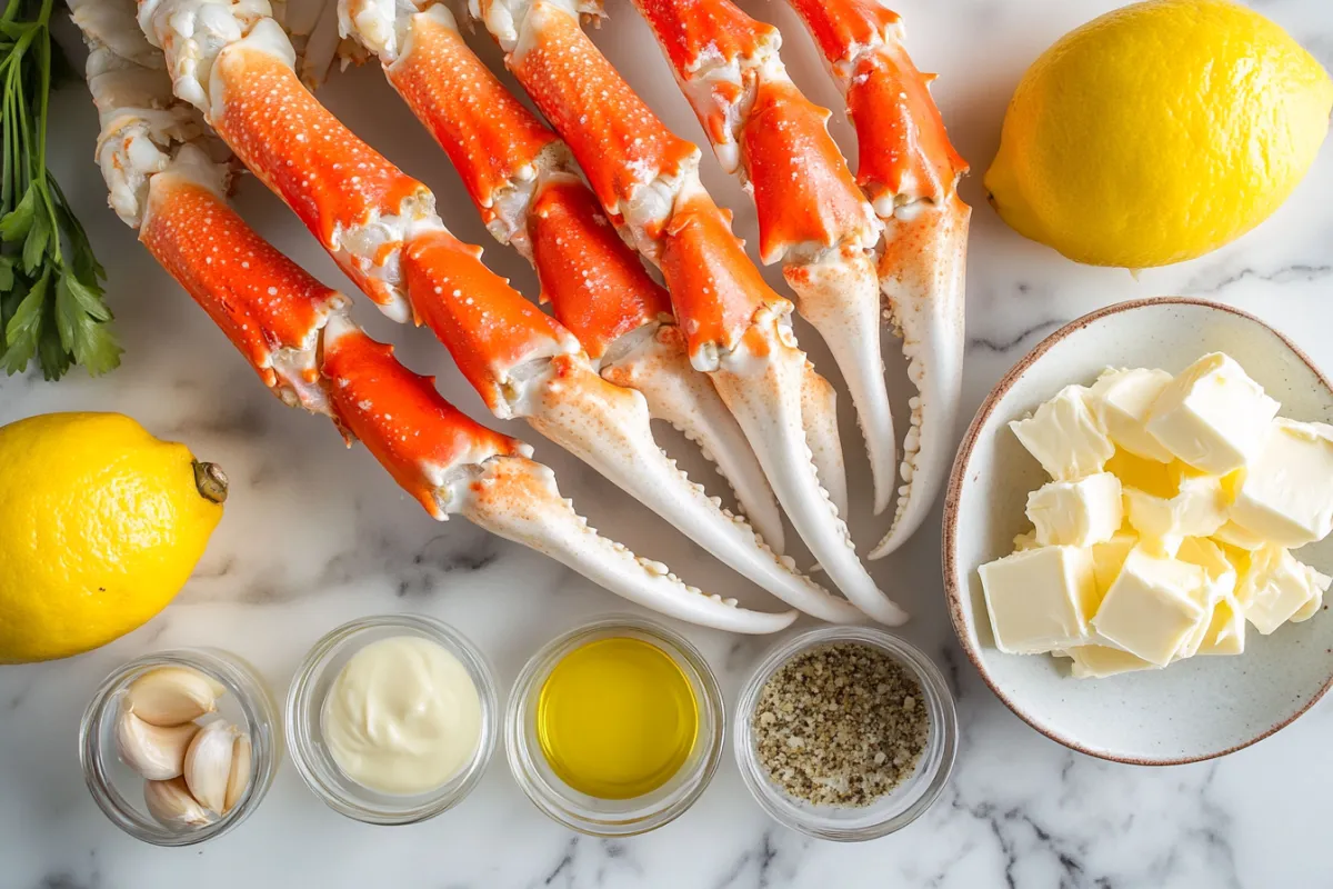 Grilled crab legs with lemon wedges and dipping sauce