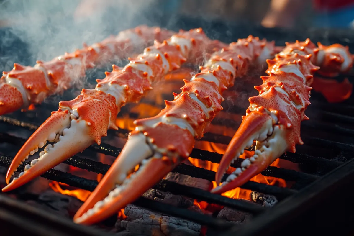 Grilled crab legs served with garlic butter and lemon wedges