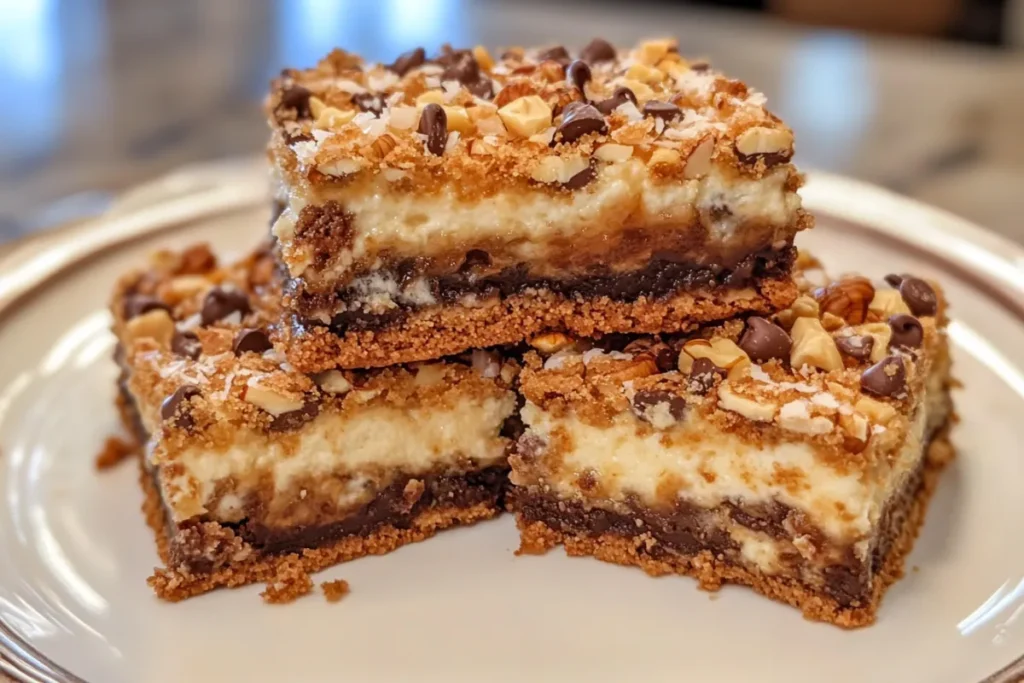 Close-up of freshly baked 7 Layer Bars with coconut, chocolate, and butterscotch chips.