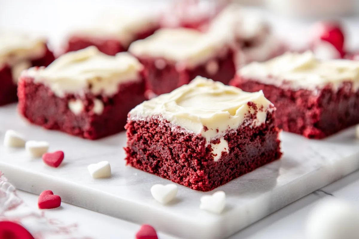 Close-up of fudgy red velvet brownies with cream cheese frosting, topped with sprinkles.