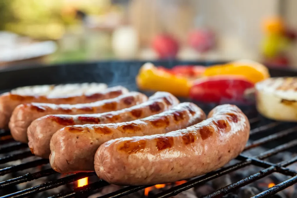 Sliced turkey sausage on a wooden cutting board with herbs and spices