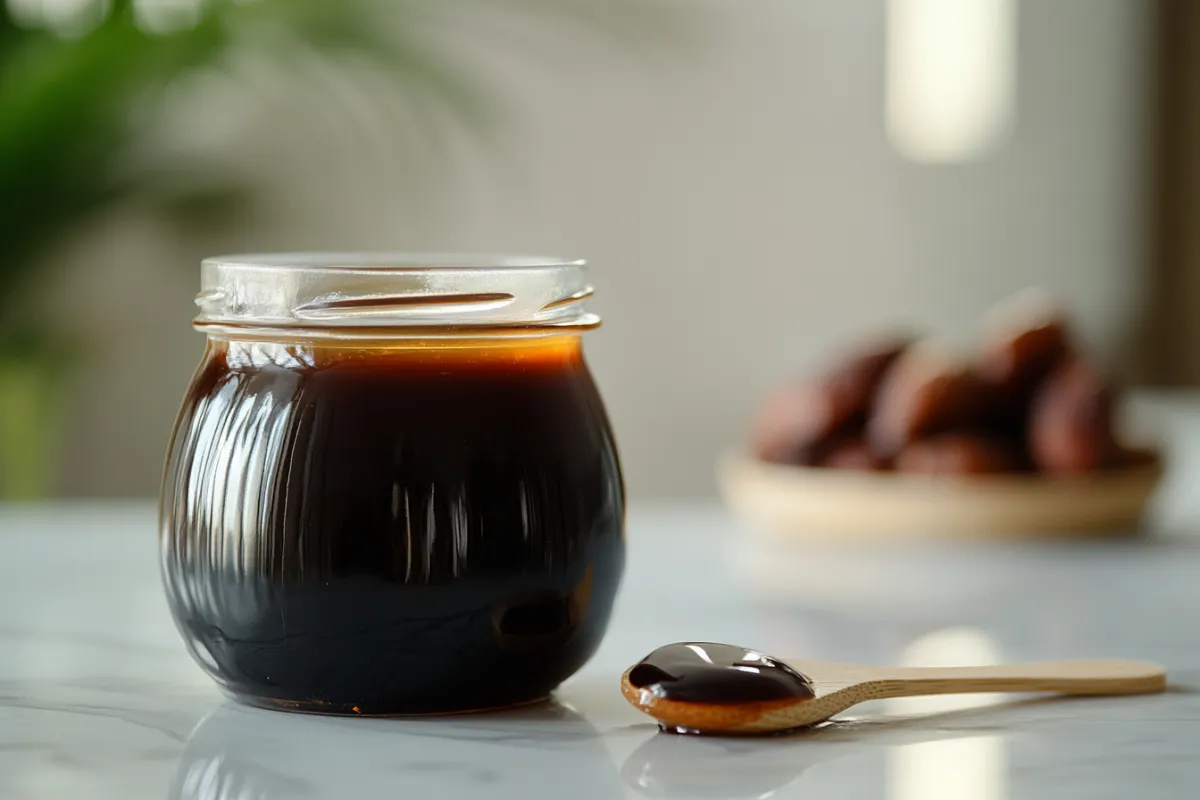 A jar of rich date syrup with fresh dates in a cozy kitchen