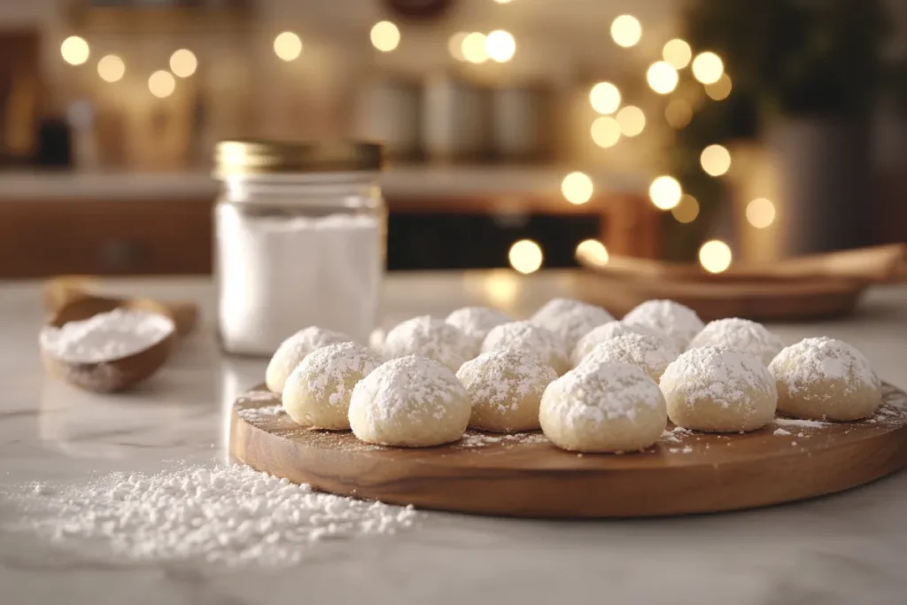 A plate of freshly baked Mexican wedding cookies with powdered sugar coating, perfect for freezing and storing.