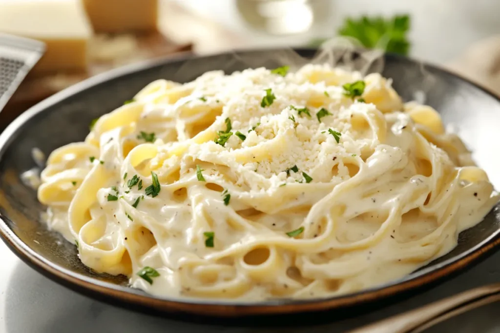 Freshly grated Parmesan melting into a creamy pasta sauce