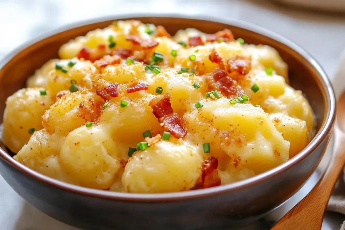 Crockpot cheesy potatoes being served with a spoon from a slow cooker.