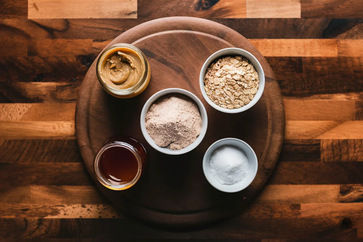 A batch of freshly baked protein cookies made with protein powder, oats, and nut butter, displayed on a wooden surface.