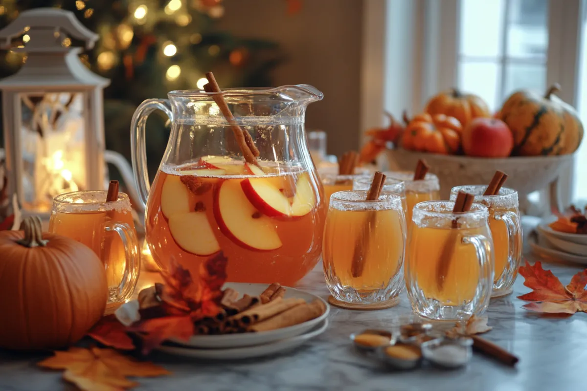 Warm mug of spiked apple cider garnished with cinnamon stick and apple slices