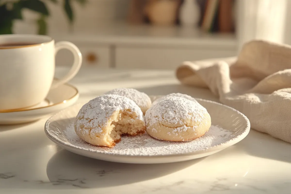 A plate of freshly baked Mexican wedding cookies with powdered sugar coating, perfect for freezing and storing.