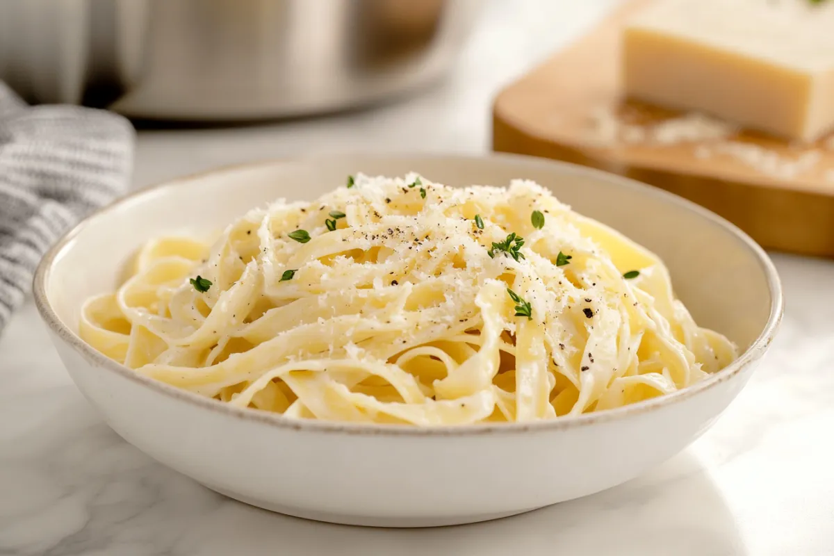 Freshly grated Parmesan melting into a creamy pasta sauce