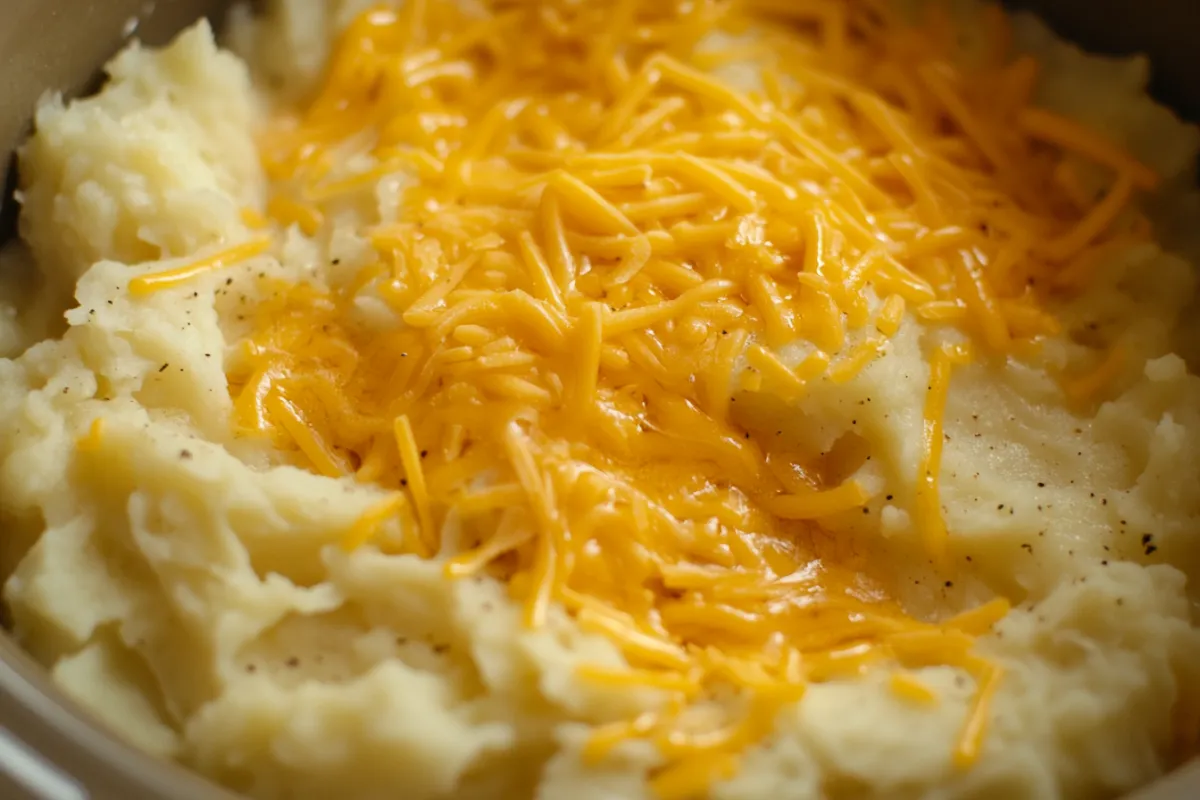 Crockpot cheesy potatoes being served with a spoon from a slow cooker.