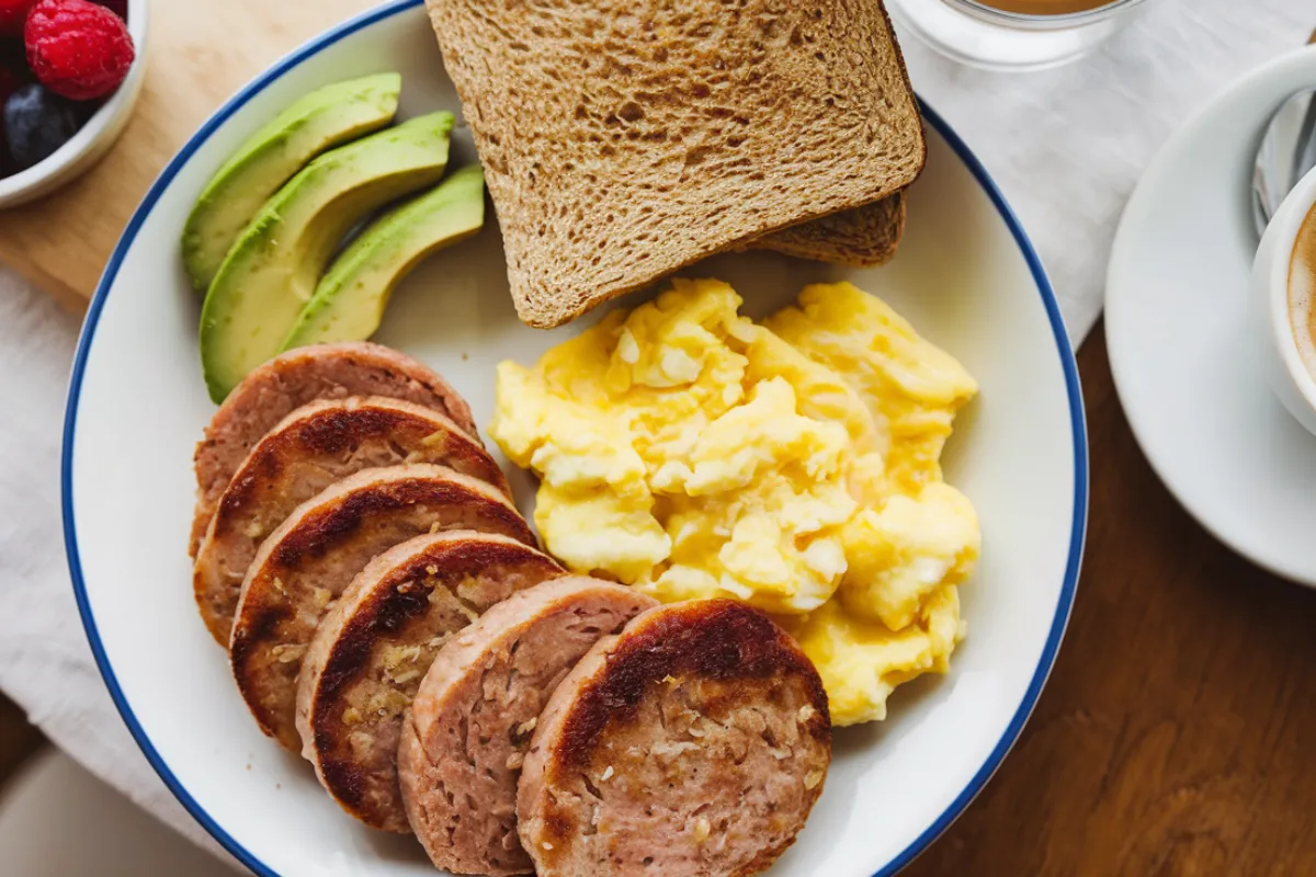 Sliced turkey sausage on a wooden cutting board with herbs and spices