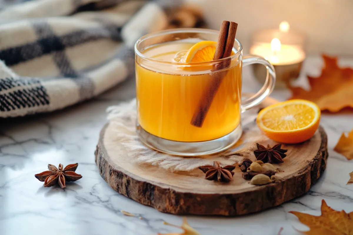 Warm mug of spiked apple cider garnished with cinnamon stick and apple slices