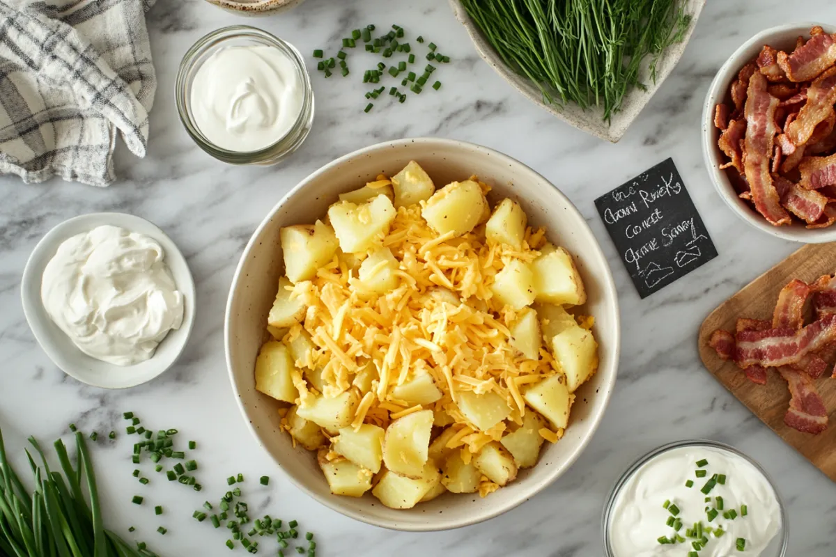 Crockpot cheesy potatoes being served with a spoon from a slow cooker.