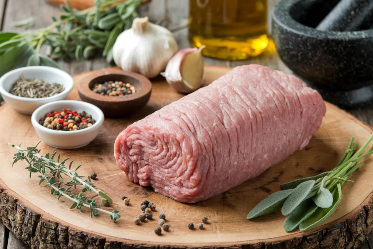 Sliced turkey sausage on a wooden cutting board with herbs and spices