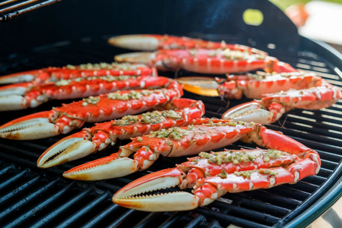 Grilled snow crab legs on a barbecue grill with lemon and garlic butter sauce.