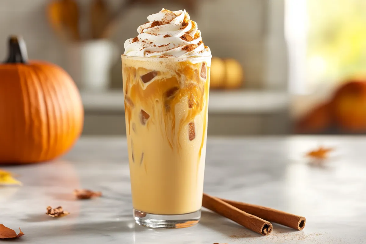 A glass of iced pumpkin spice latte topped with whipped cream and cinnamon, served in a cozy fall setting.