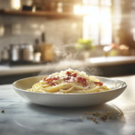 A plate of authentic Spaghetti Carbonara with creamy sauce, crispy guanciale, and grated Pecorino Romano cheese.