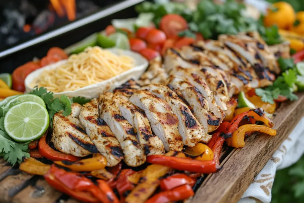 Sizzling beef fajitas with bell peppers and onions on a skillet.