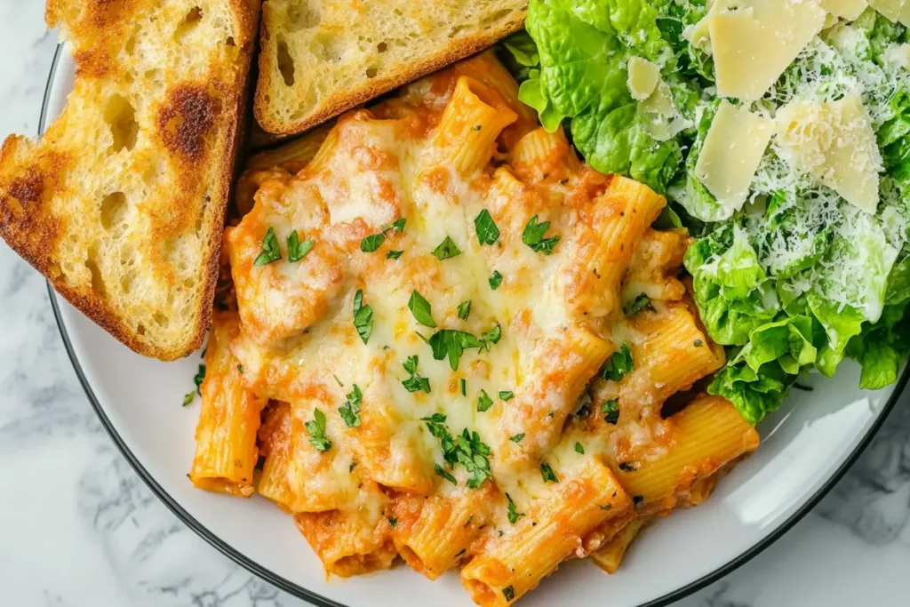 A delicious plate of baked ziti topped with melted mozzarella and fresh basil.