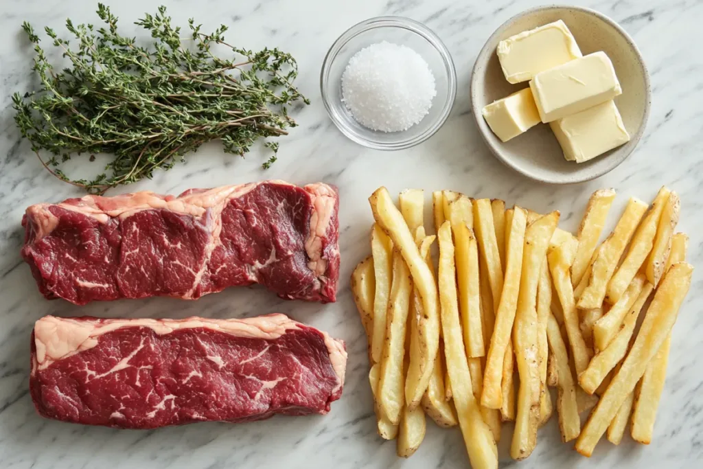 A perfectly cooked ribeye steak served with golden crispy fries.