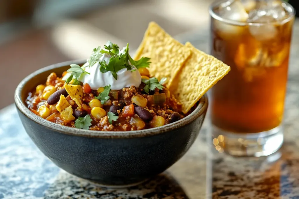 Bowl of vegetarian chili with beans, vegetables, and spices.