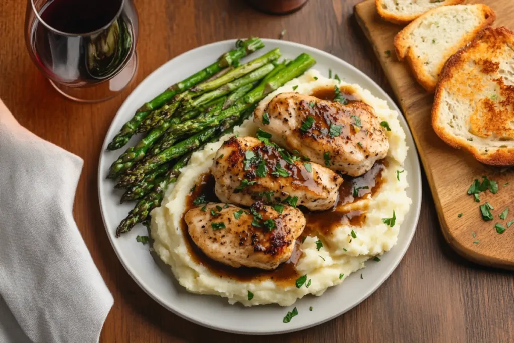 Chicken Marsala being cooked in a skillet with Marsala wine and mushrooms