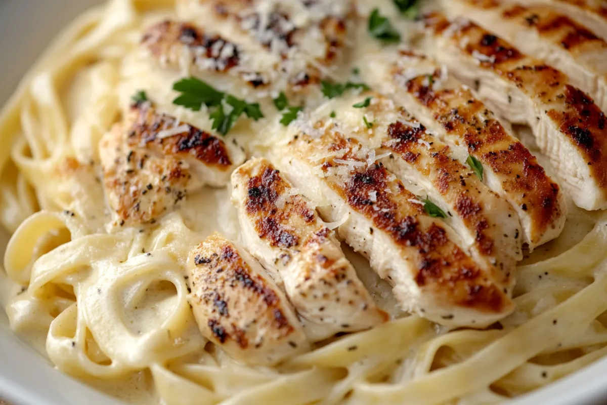 A plate of creamy Chicken Alfredo with fettuccine and seasoned chicken breasts.