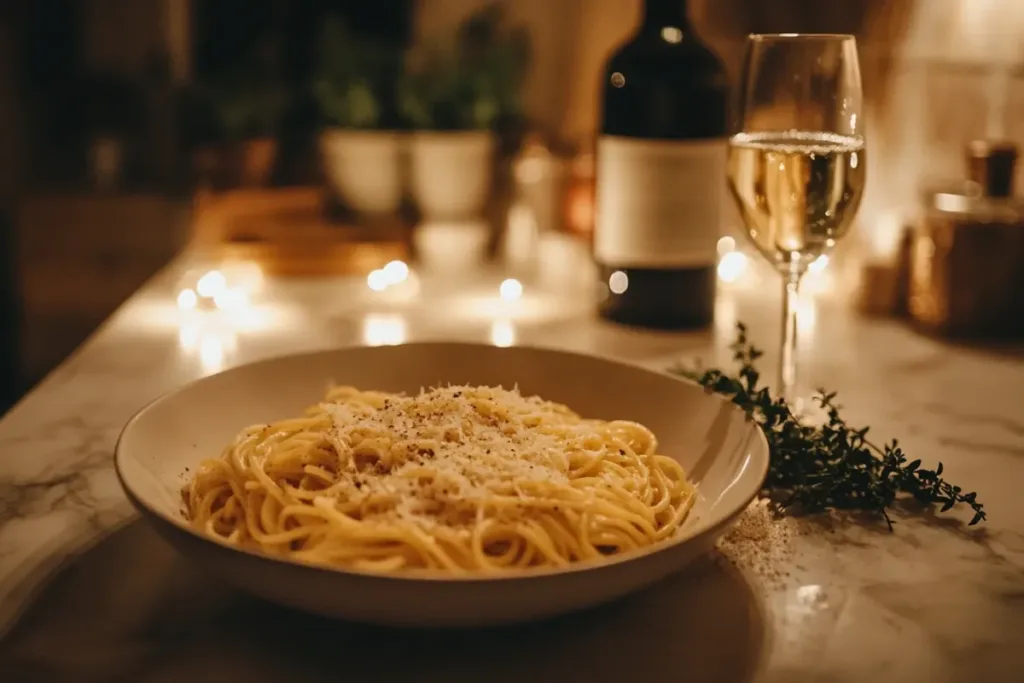 A plate of authentic Spaghetti Carbonara with creamy sauce, crispy guanciale, and grated Pecorino Romano cheese.