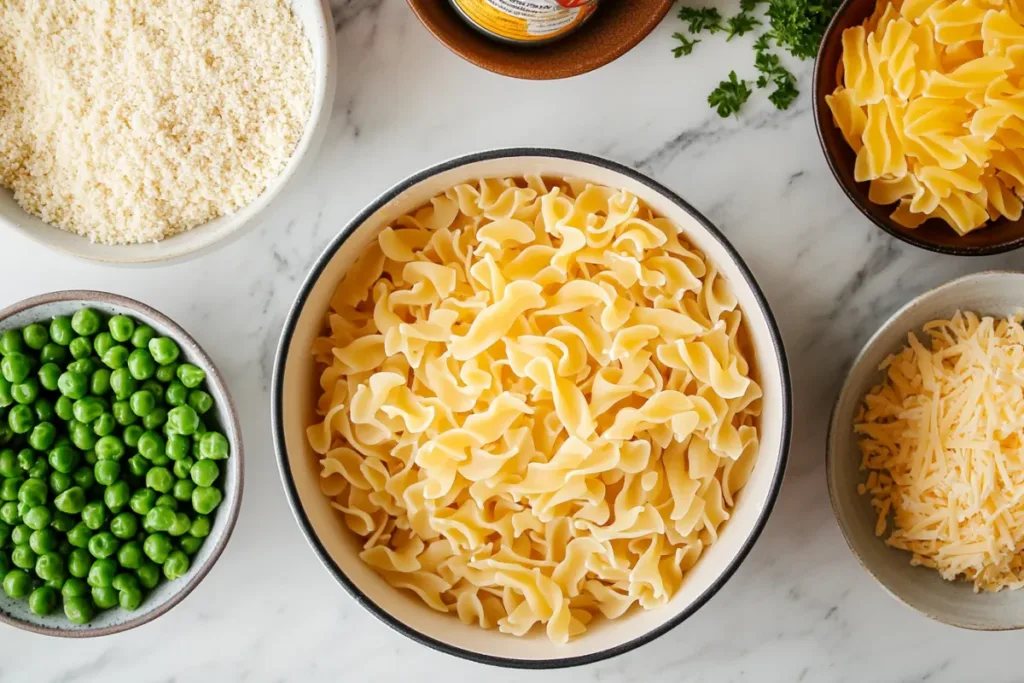 Classic tuna casserole with crispy topping in a baking dish.