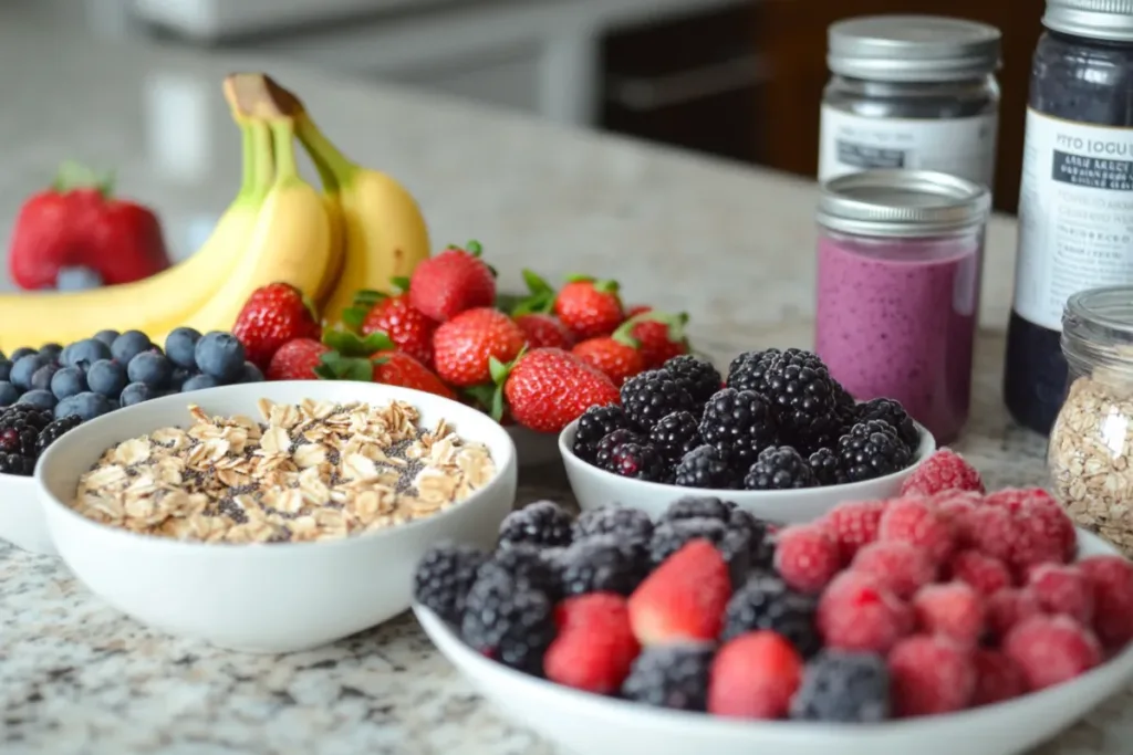 Colorful smoothie bowl topped with fresh berries, granola, and seeds.