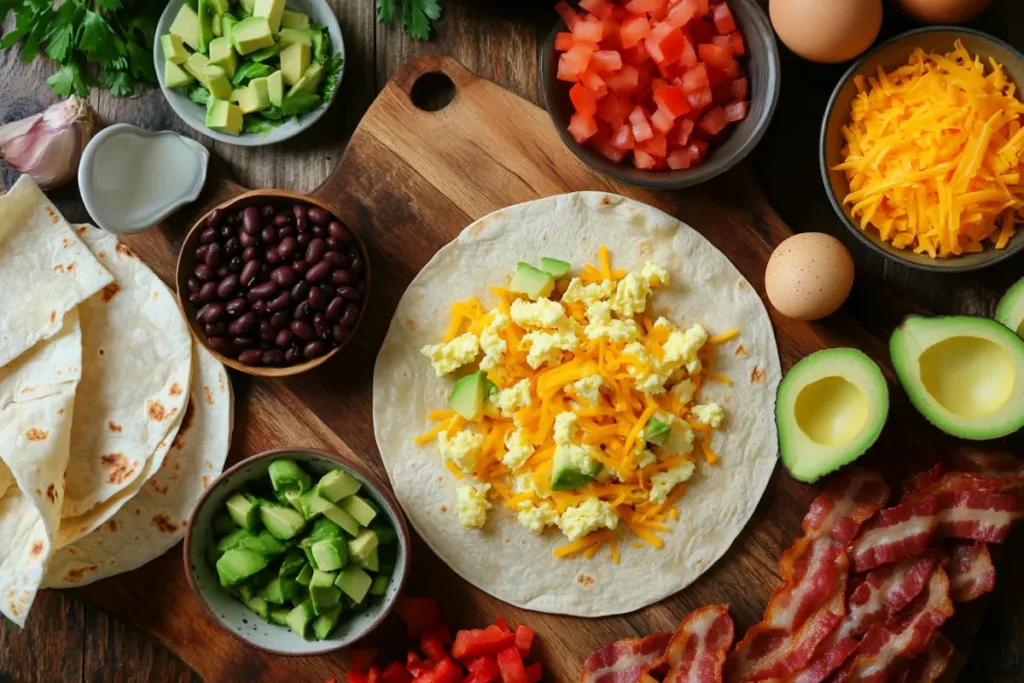 Delicious breakfast burrito with eggs, cheese, and veggies