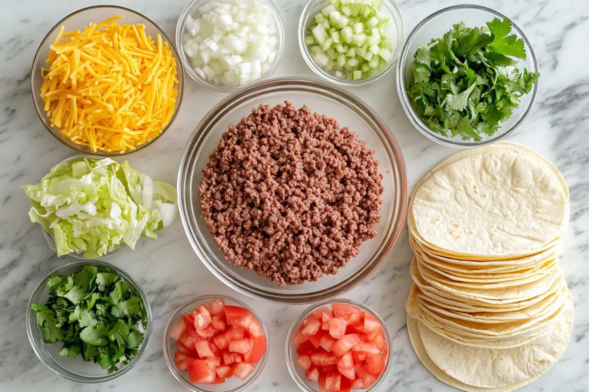 A delicious beef taco with fresh toppings like lettuce, tomatoes, and cheese