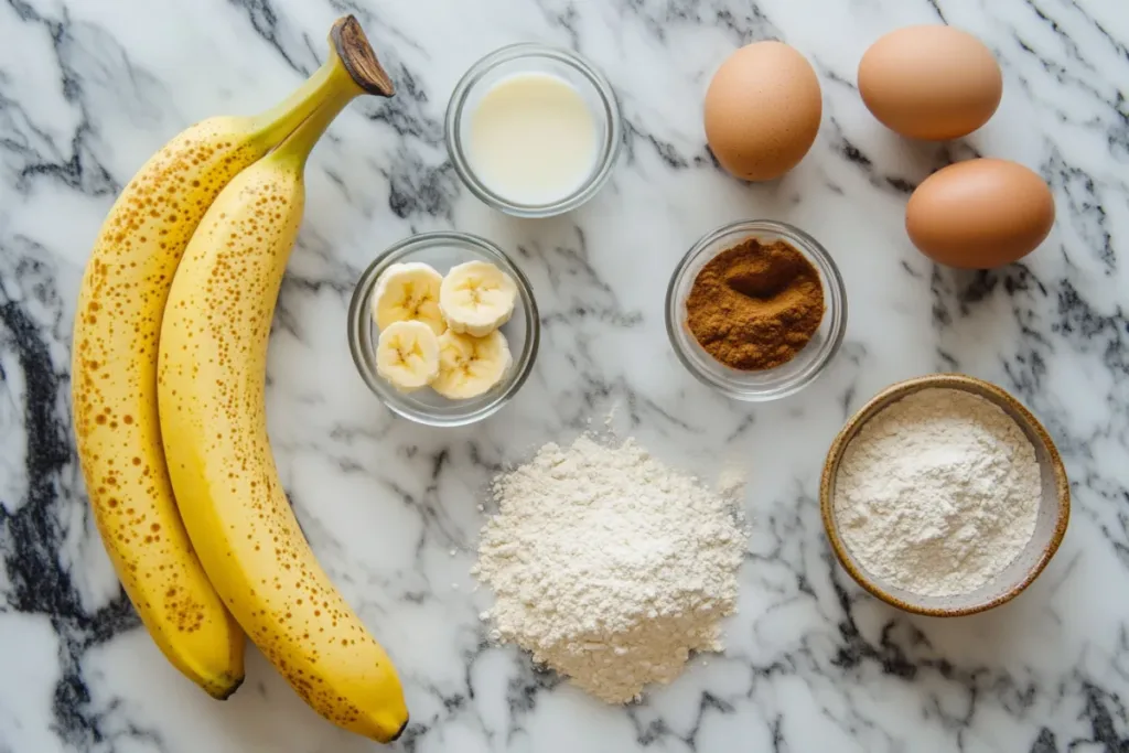 Fluffy banana pancakes topped with sliced bananas and maple syrup.