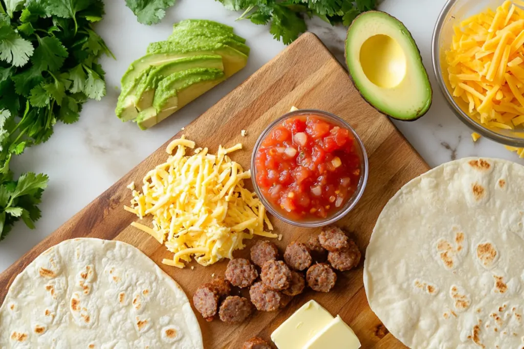 Classic breakfast tacos with scrambled eggs, chorizo, cheese, and avocado