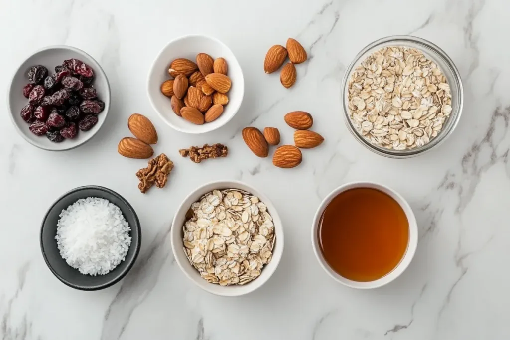 A bowl of homemade granola with oats, nuts, and dried fruit