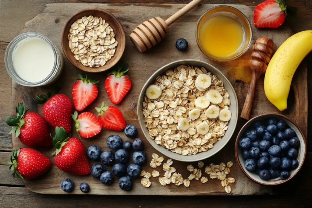 Bowl of oatmeal topped with fresh fruit like strawberries, blueberries, and banana slices