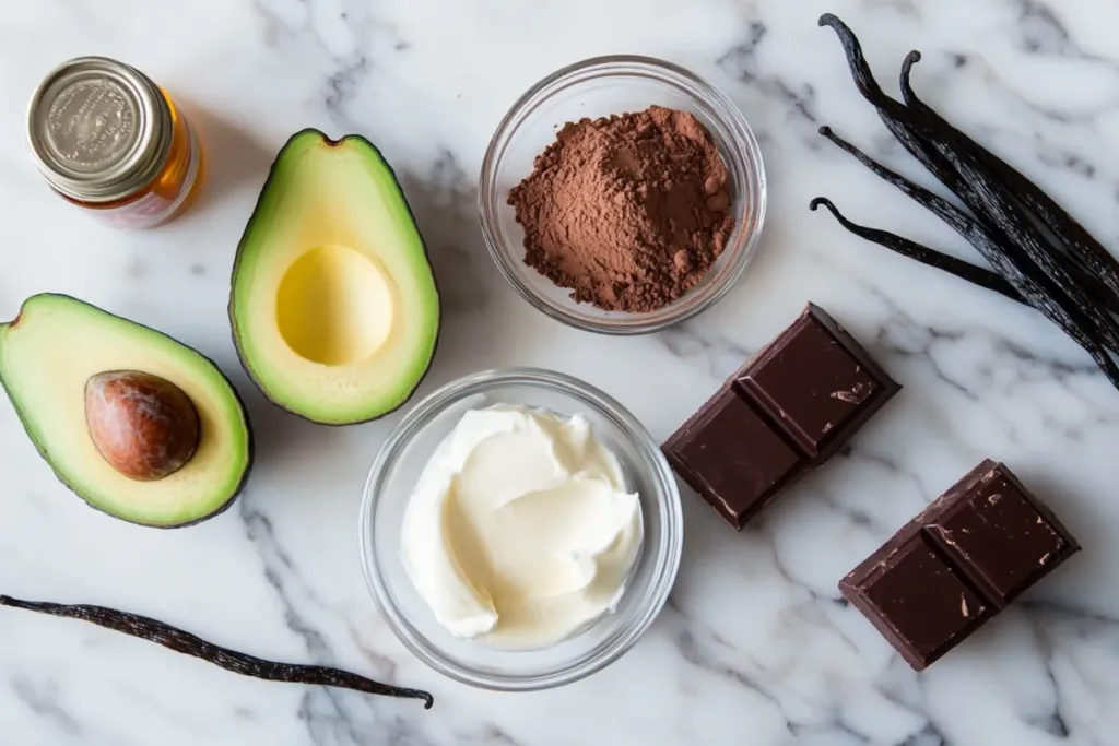 A rich, creamy chocolate avocado mousse garnished with dark chocolate shavings and fresh raspberries.