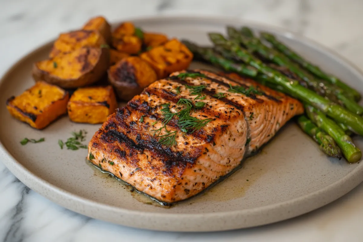 Perfectly grilled salmon fillets with crispy skin served with lemon slices