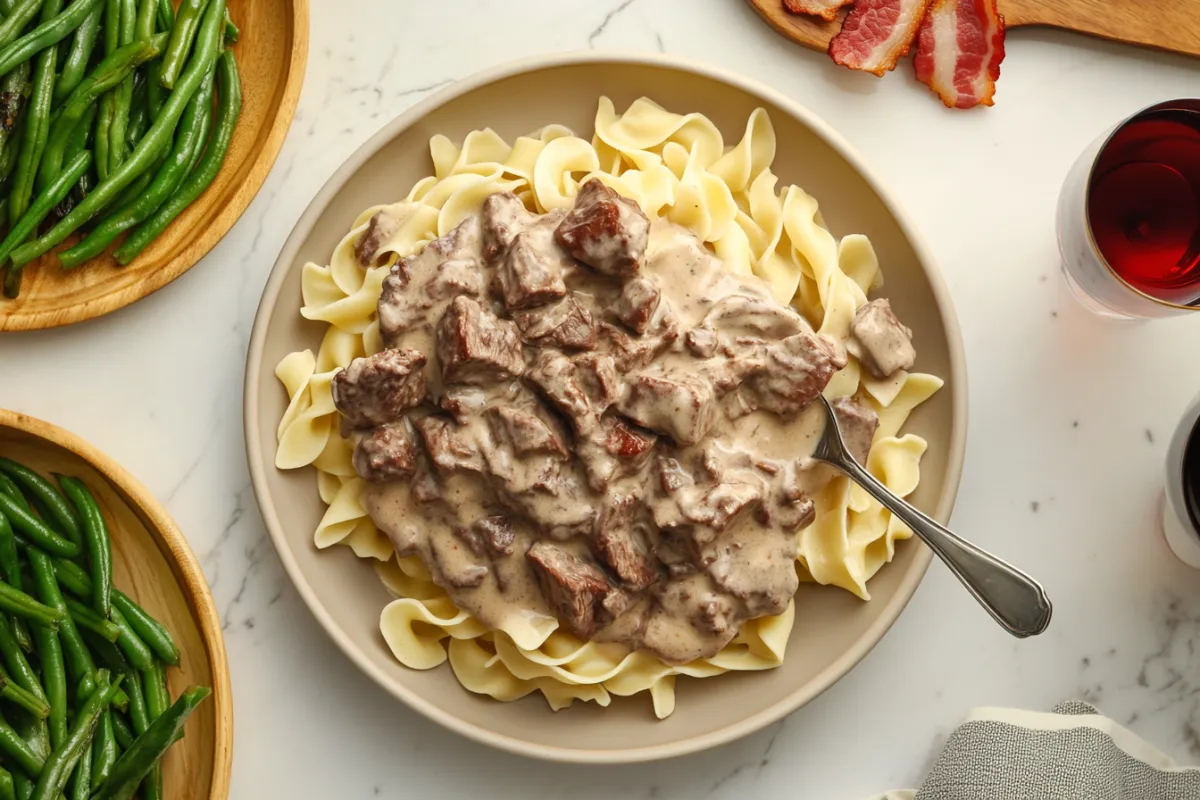 Beef Stroganoff with creamy sauce served over egg noodles