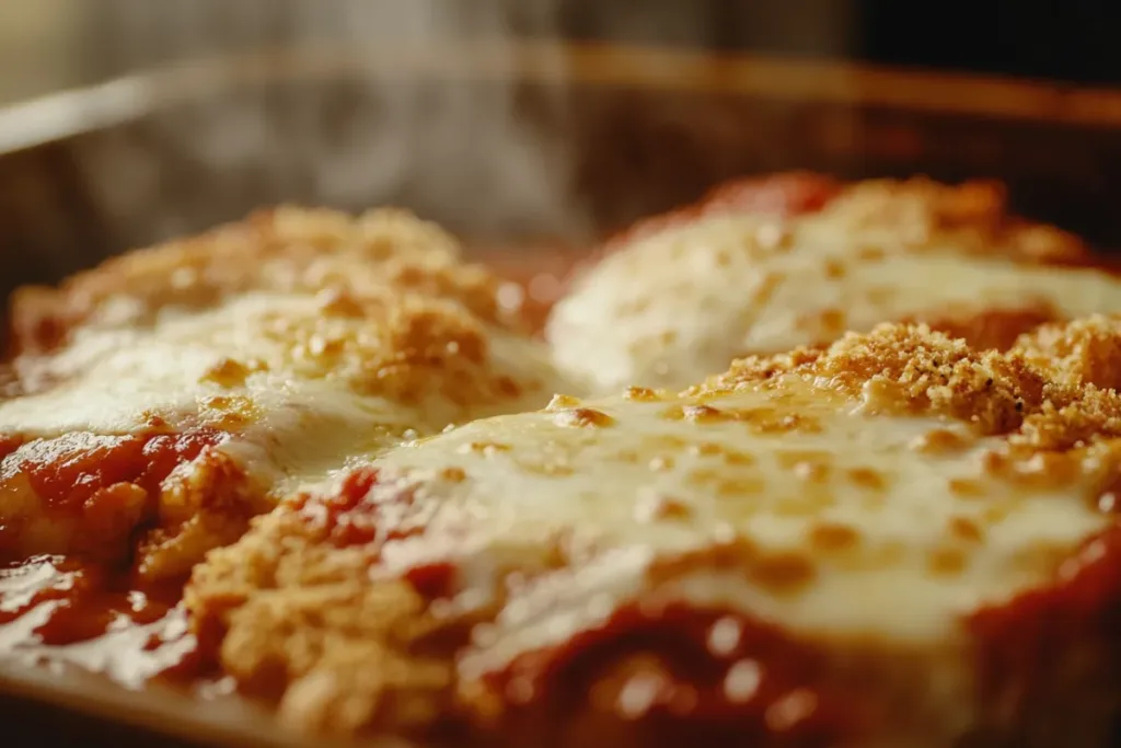 Crispy Chicken Parmesan with marinara sauce and melted cheese on top.