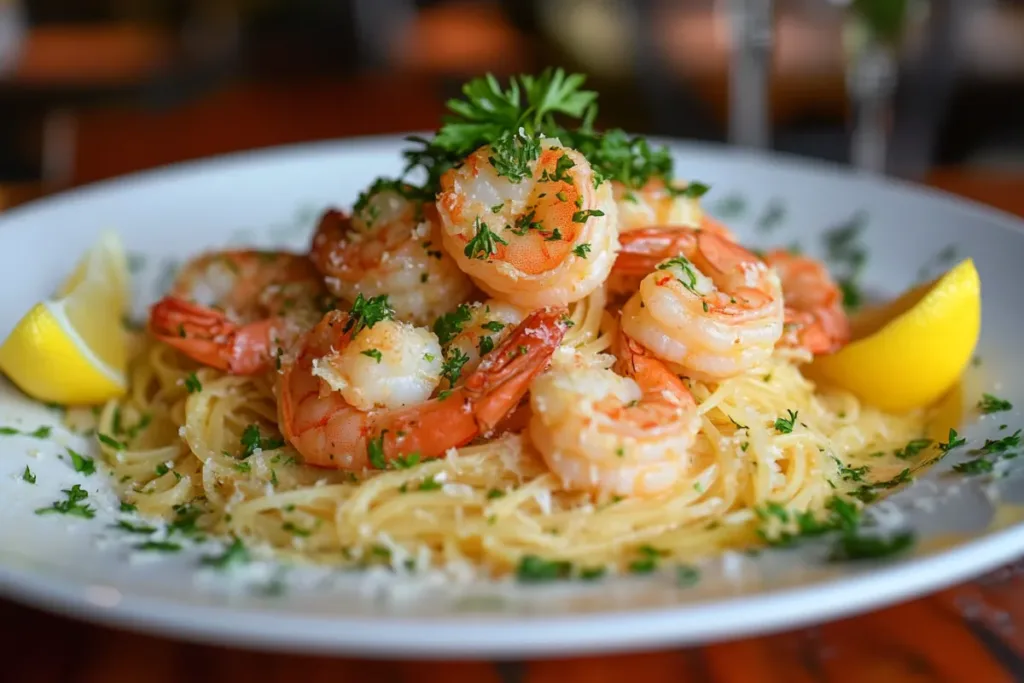 Shrimp Scampi served with garlic butter sauce over pasta.