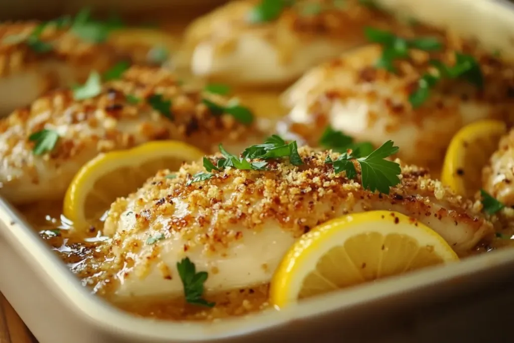 Lemon garlic chicken served with fresh lemon slices and parsley.