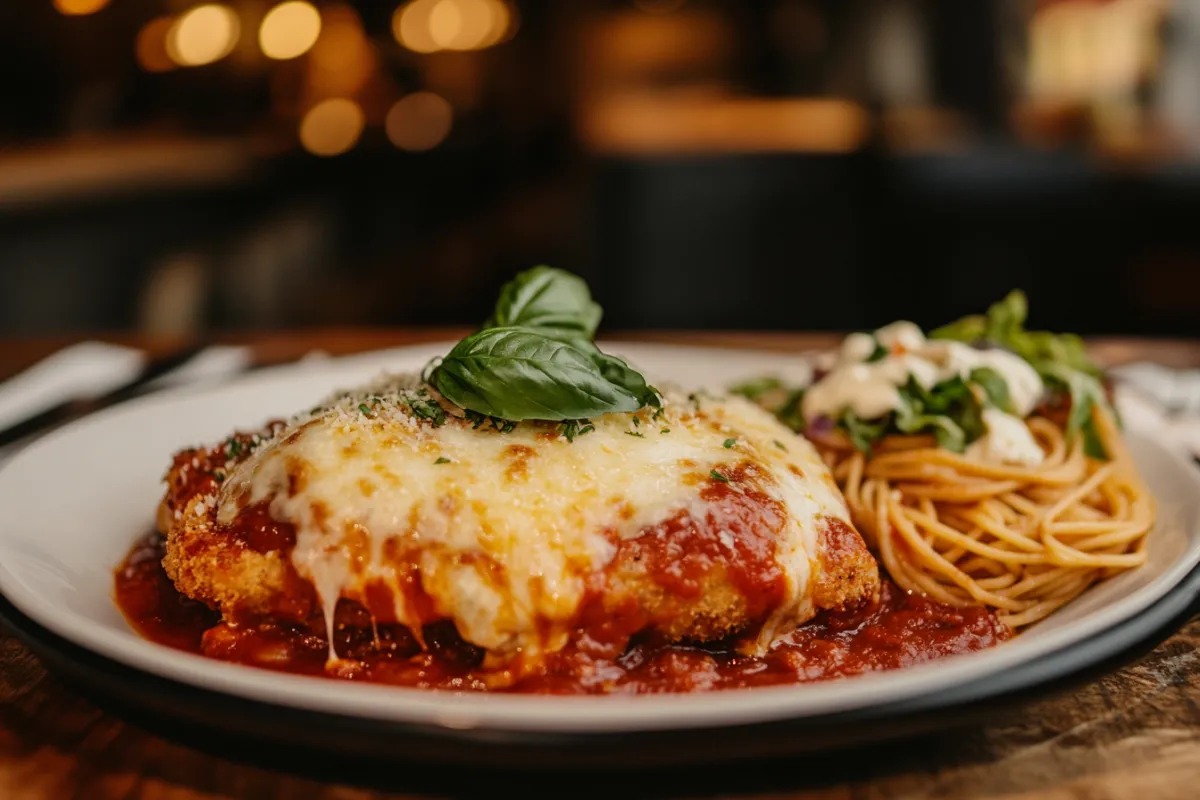 Crispy Chicken Parmesan with marinara sauce and melted cheese on top.