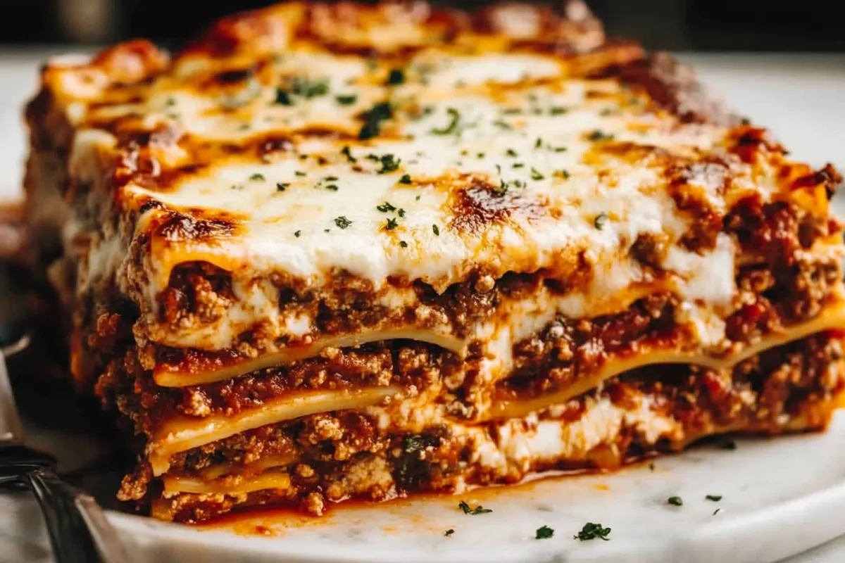 A delicious slice of lasagna with layers of meat sauce, ricotta, and melted cheese